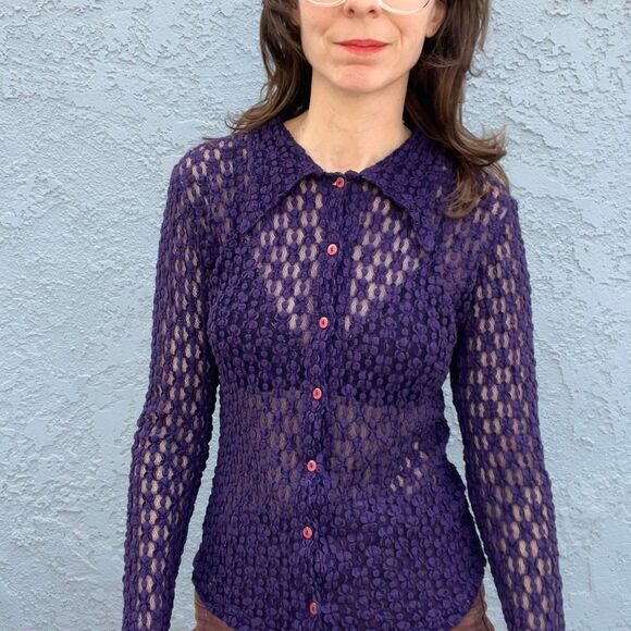Miss Sixty y2k 90s Womens Lace Blouse Purple sheer top Size Medium - Picture 8 of 8